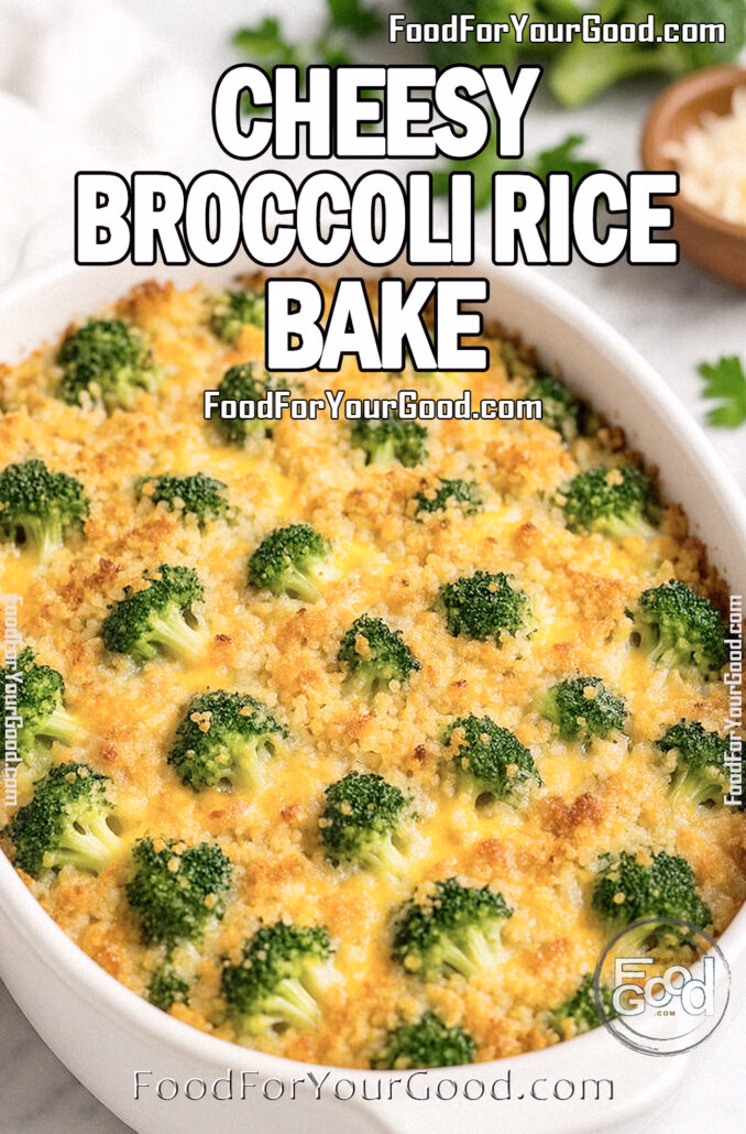 Cheesy Broccoli Rice Bake Cheesy Broccoli Rice Bake casserole with golden breadcrumb topping and tender broccoli florets in a white dish on marble background.