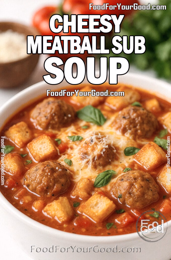 Cheesy Meatball Sub Soup A cozy bowl of Cheesy Meatball Sub Soup with tender meatballs, melted cheese, toasted baguette cubes, and fresh basil served on a white marble surface.