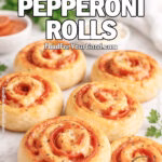 Cheesy Pepperoni Rolls on a white marble surface with fresh parsley, mozzarella, and pepperoni slices in the background.