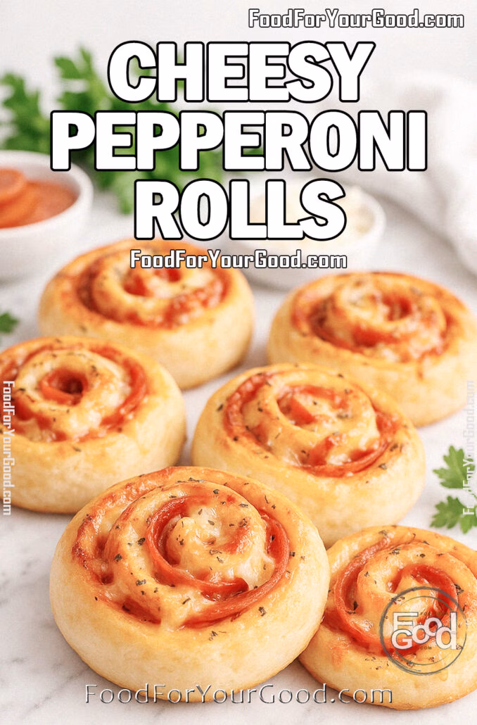Cheesy Pepperoni Rolls Cheesy Pepperoni Rolls on a white marble surface with fresh parsley, mozzarella, and pepperoni slices in the background.