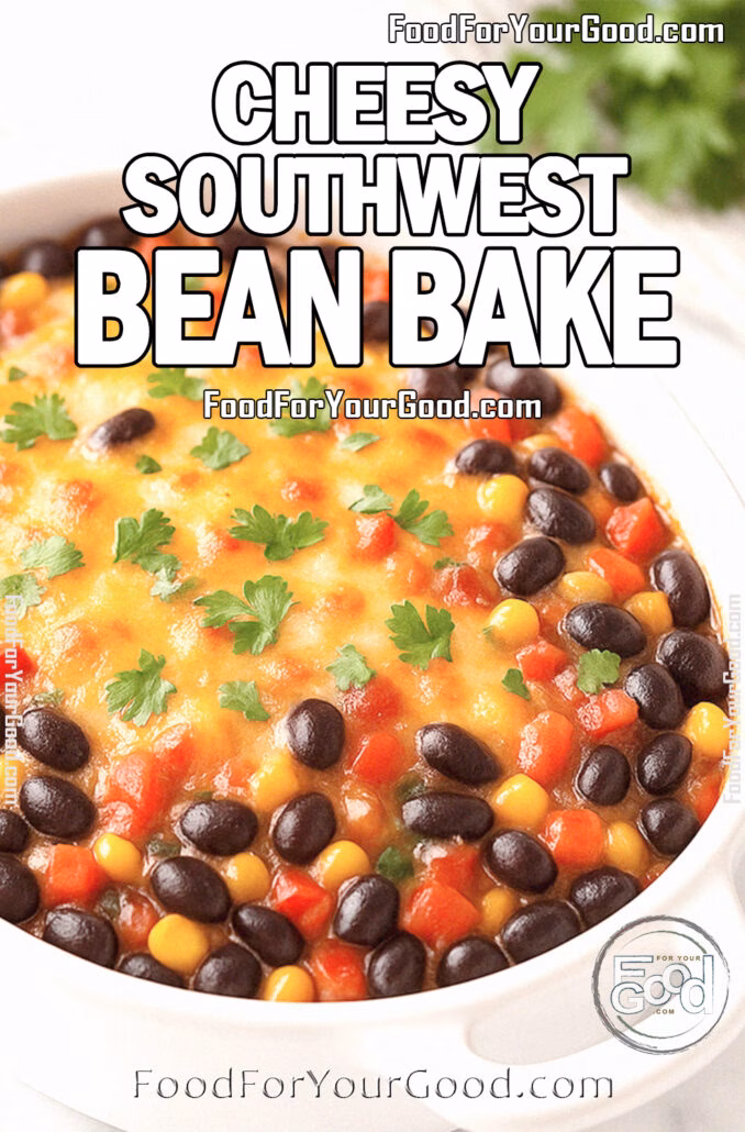 Cheesy Southwest Bean Bake Cheesy Southwest Bean Bake in a white ceramic dish on a marble countertop, topped with golden melted cheese extending close to the edges, with a section near the rim left uncovered to reveal black beans, corn, and red peppers inside, garnished with fresh cilantro.
