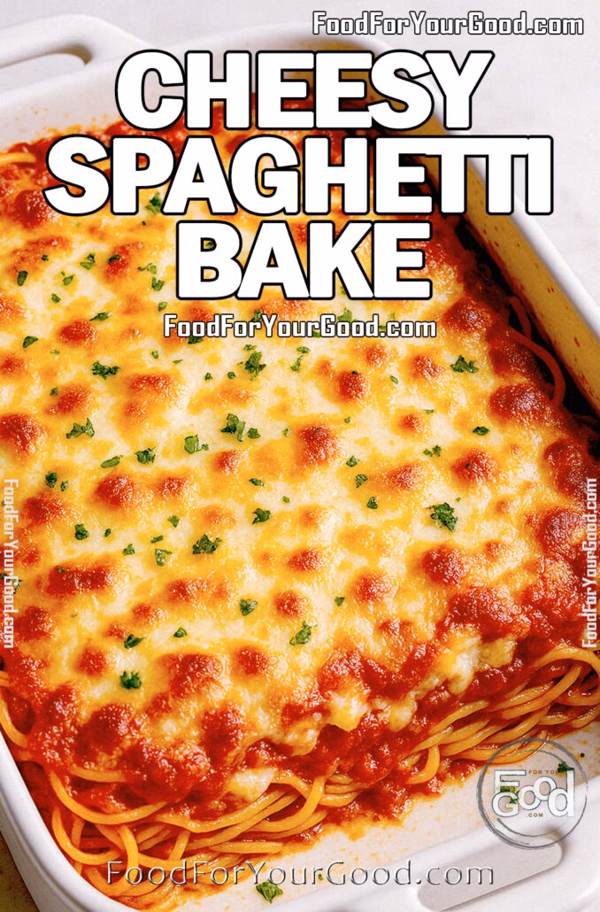 Baked spaghetti casserole topped with golden melted cheese and parsley in a white ceramic dish on a marble countertop.