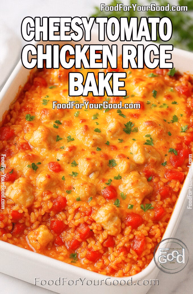 Cheesy Tomato Chicken Rice Bake Cheesy Tomato Chicken Rice Bake in a white ceramic baking dish topped with melted cheddar and parsley.