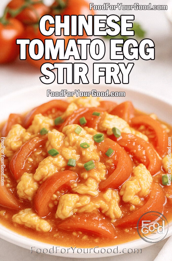 Chinese Tomato Egg Stir Fry Chinese Tomato Egg Stir Fry with scallions served on a white plate with rice on FoodForYourGood.com