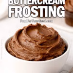 Chocolate Buttercream Frosting in a white bowl with cupcakes in the background on FoodForYourGood.com