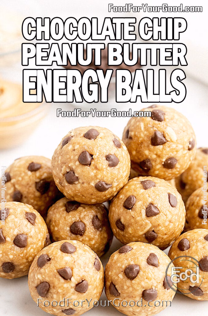 Chocolate Chip Peanut Butter Energy Balls Homemade Chocolate Chip Peanut Butter Energy Balls in slightly varied shapes, stacked on white marble with blurred oats, peanut butter, and chocolate chips in the background.
