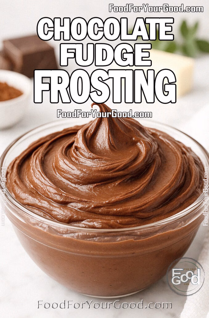 Chocolate Fudge Frosting Chocolate Fudge Frosting in a glass bowl on white marble with cocoa powder, chocolate, and butter in the background.