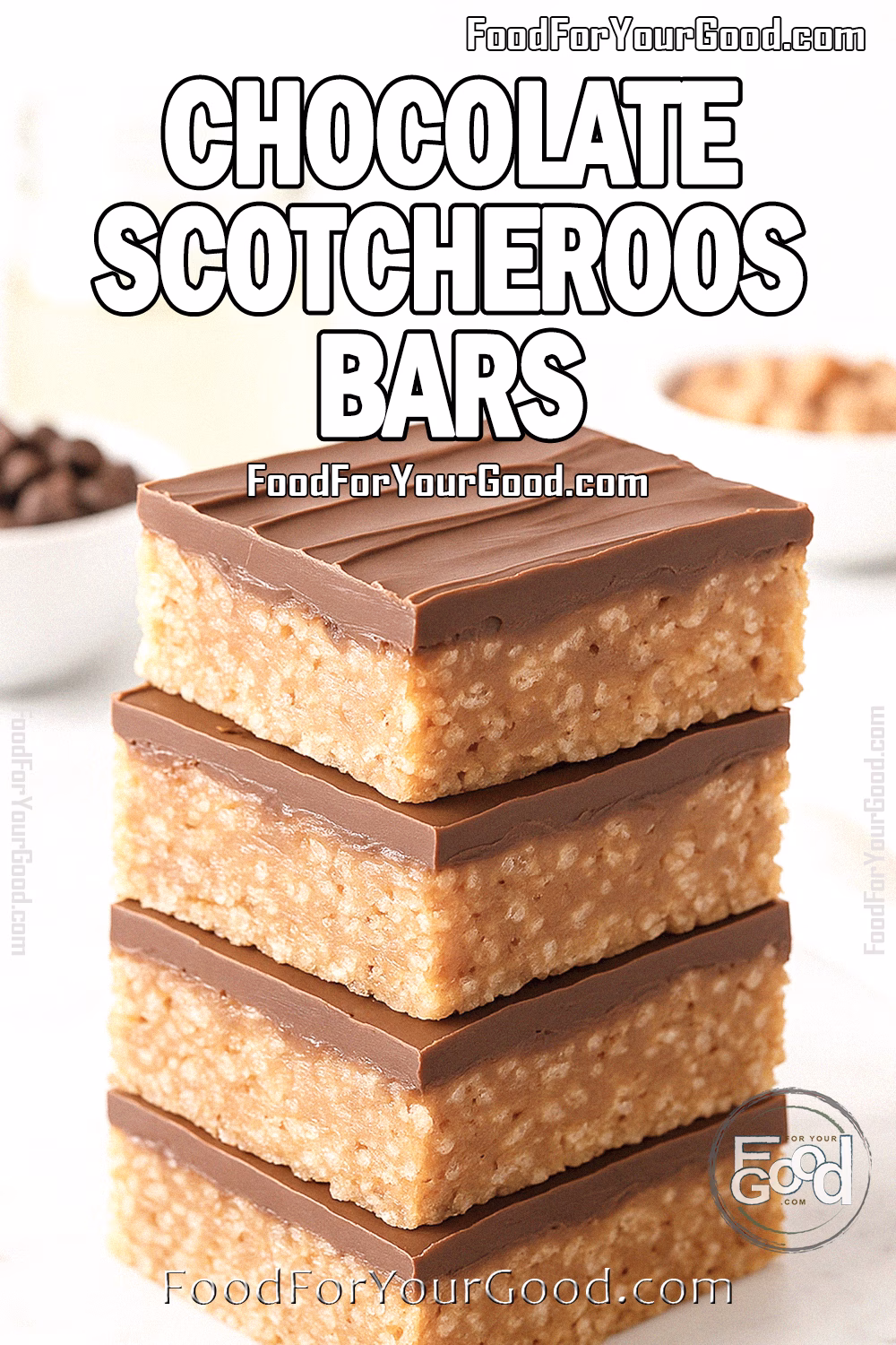 Chocolate Scotcheroos Bars stacked on marble countertop with blurred background of ingredients.