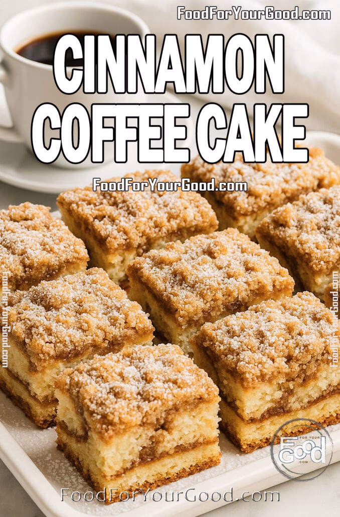 A luxurious white tray holds a freshly baked sour cream cinnamon coffee cake sliced into squares, dusted with powdered sugar, next to a white cup of black coffee on a marble countertop.