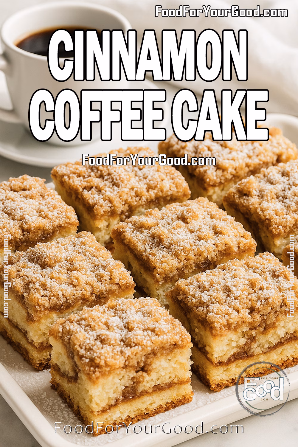 A luxurious white tray holds a freshly baked sour cream cinnamon coffee cake sliced into squares, dusted with powdered sugar, next to a white cup of black coffee on a marble countertop.