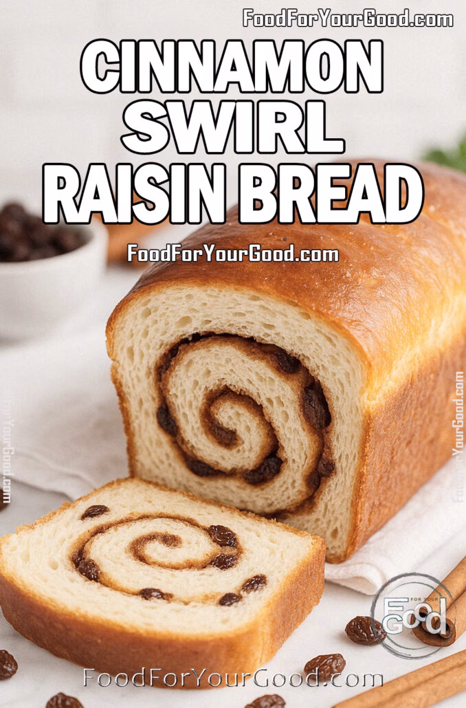 Cinnamon Swirl Raisin Bread Cinnamon Swirl Raisin Bread sliced to show cinnamon sugar spiral, with raisins and cinnamon sticks on marble countertop.