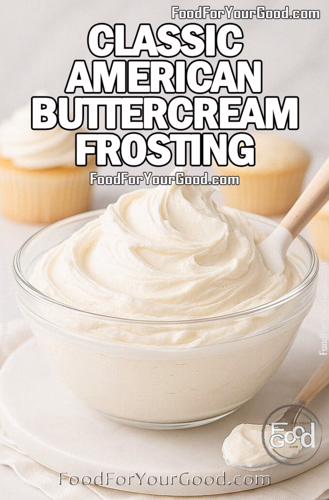 Clear glass bowl of Classic American Buttercream Frosting on a marble tray with a spoonful of frosting beside it, cupcakes in the blurry background, photographed in bright daylight on FoodForYourGood.com