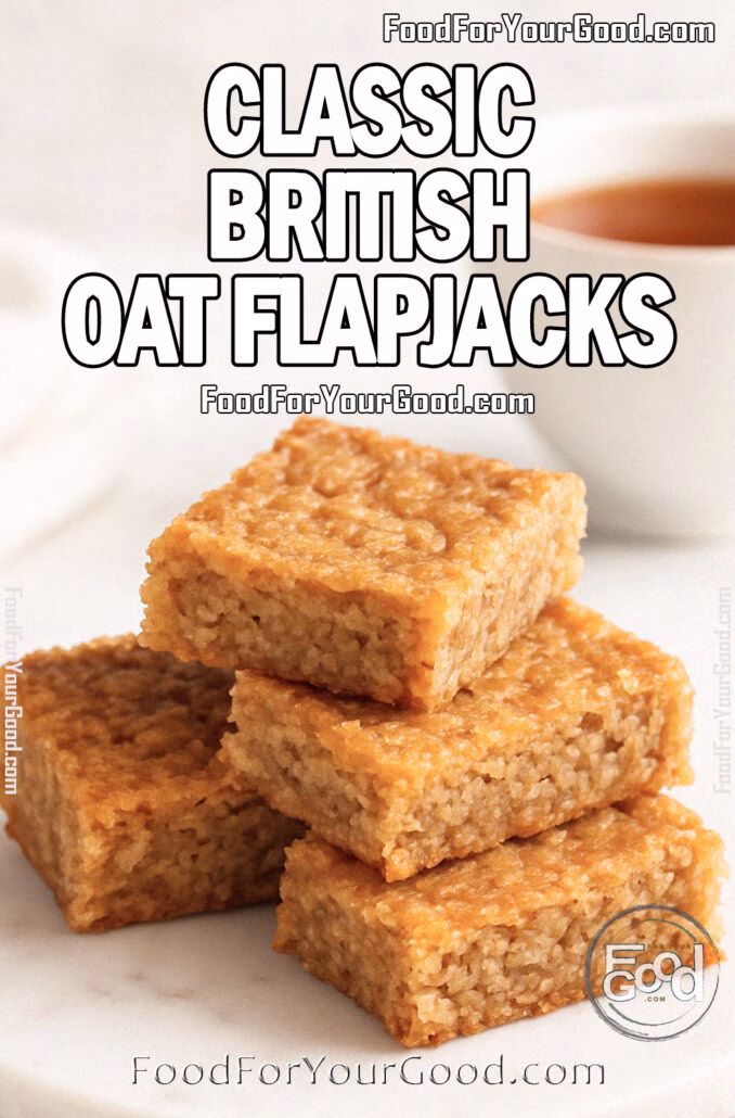 Classic British Oat Flapjacks Classic British Oat Flapjacks stacked on a white marble tray with a cup of tea in the background, styled on a marble surface for FoodForYourGood.com