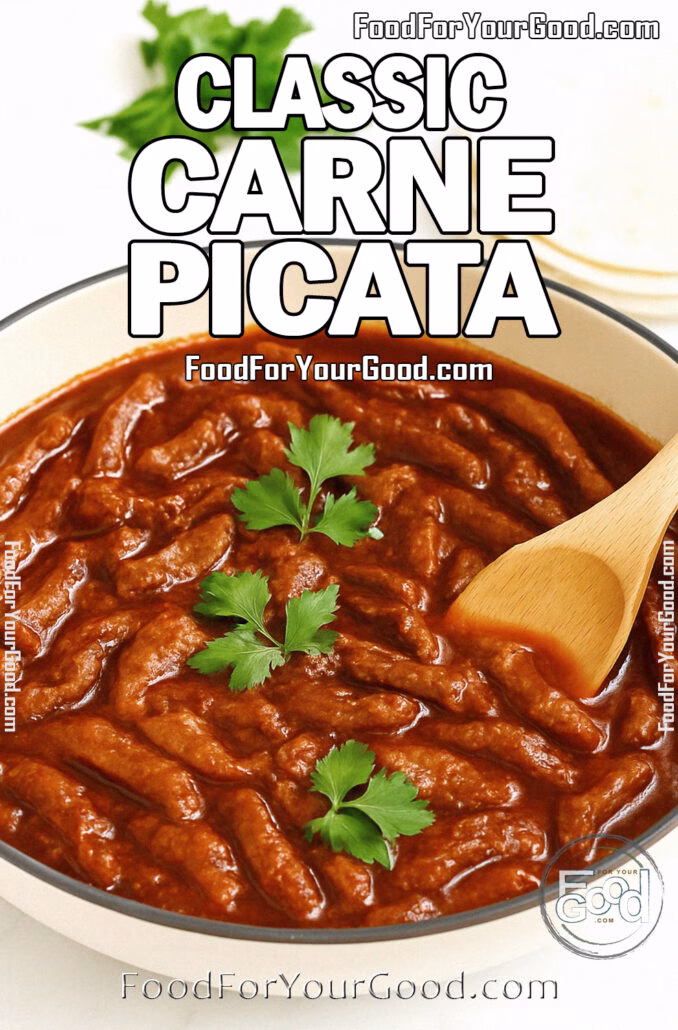Classic Carne Picata with tender beef tips simmered in rich sauce, served in a cream skillet with fresh cilantro garnish and tortillas on a white marble background.