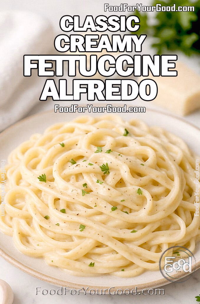 Classic Creamy Fettuccine Alfredo Classic Creamy Fettuccine Alfredo on white plate with Parmesan, garlic, and parsley on marble background.