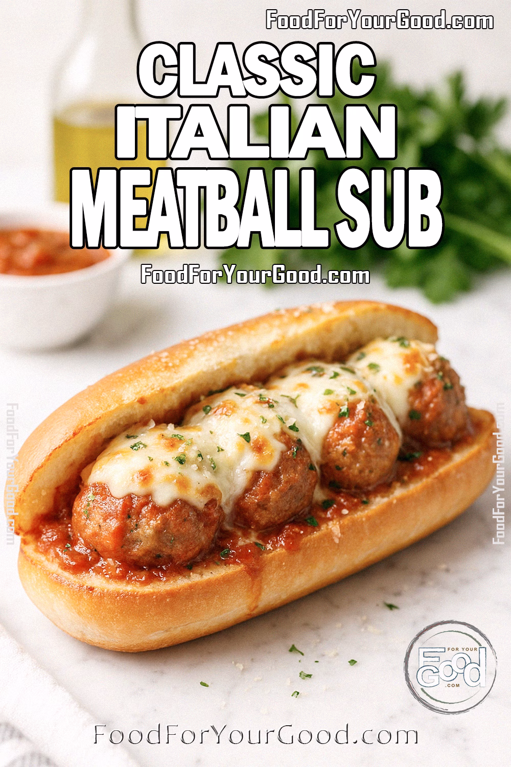 Classic Italian Meatball Sub on white marble, topped with melted mozzarella, marinara sauce, and parsley garnish.