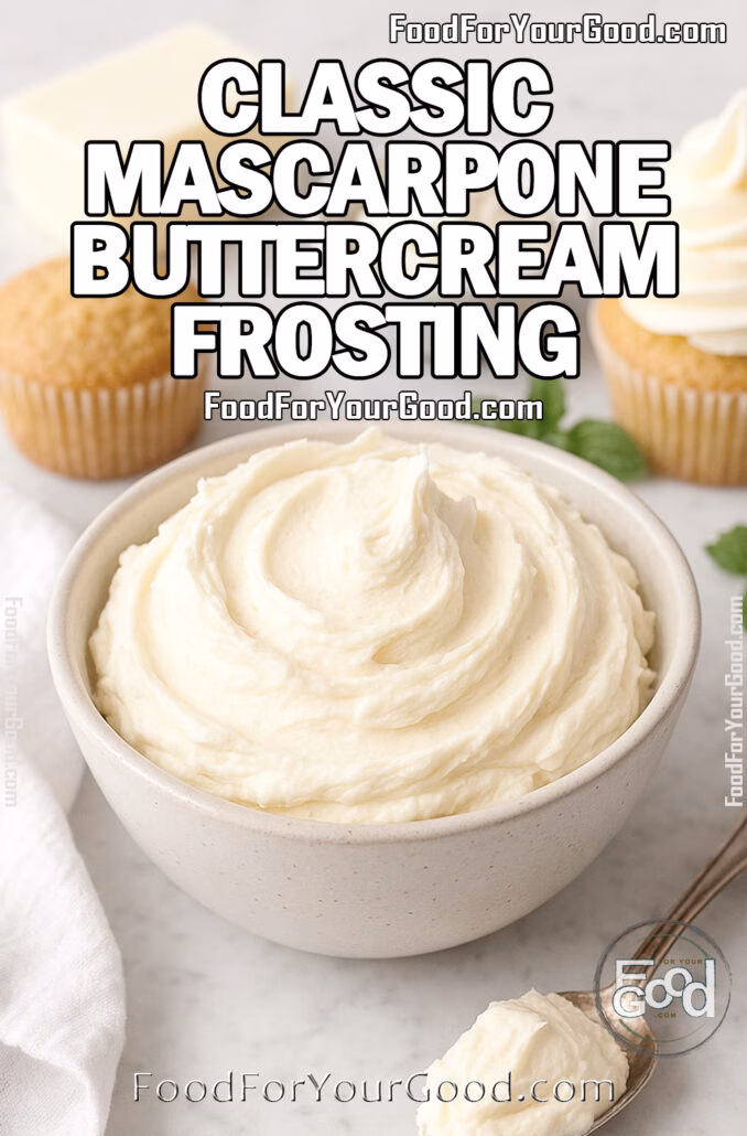 Classic Mascarpone Buttercream Frosting Bowl of Classic Mascarpone Buttercream Frosting with spoon, cupcakes, and fresh ingredients on marble background