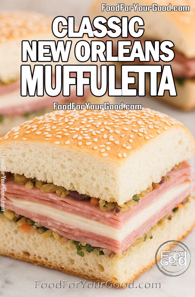 Classic New Orleans Muffuletta Classic New Orleans Muffuletta sandwich wedge with layers of meats, cheeses, and olive salad on a sesame loaf, served on marble with more sandwiches blurred in the background.