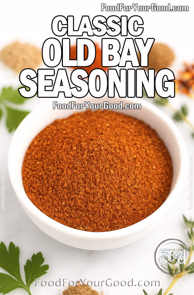 White ceramic bowl filled with Classic Old Bay Seasoning, surrounded by fresh parsley, thyme sprigs, and small piles of colorful spices on a marble countertop.