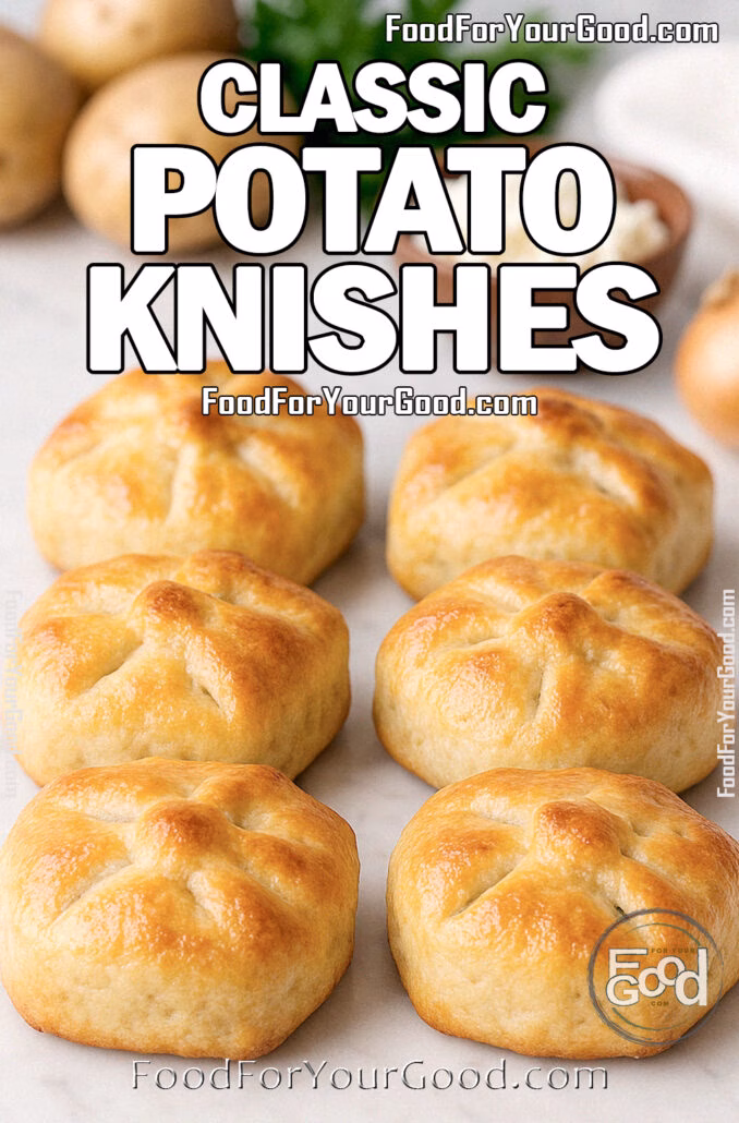 Homemade classic potato knishes on a white marble countertop, golden brown and flaky with potatoes, onion, and herbs in the background.