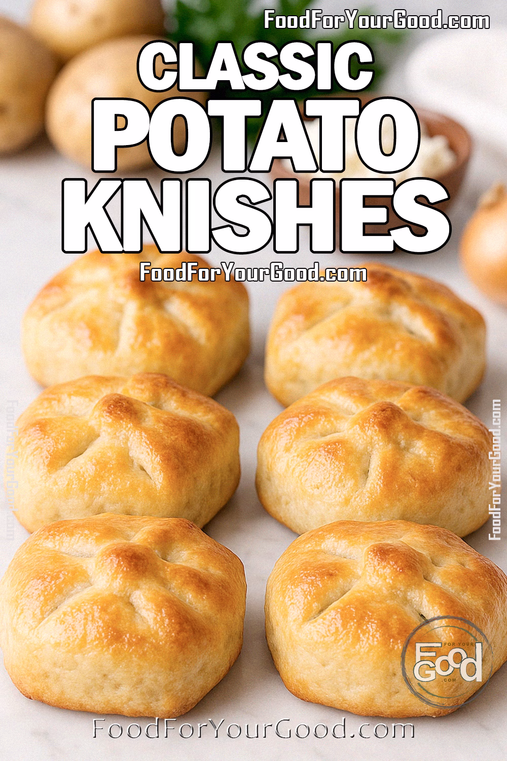 Homemade classic potato knishes on a white marble countertop, golden brown and flaky with potatoes, onion, and herbs in the background.