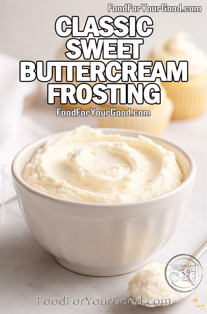 Homemade Classic Sweet Buttercream Frosting in a white bowl with a spoonful of frosting and cupcakes in the background on a white marble surface.