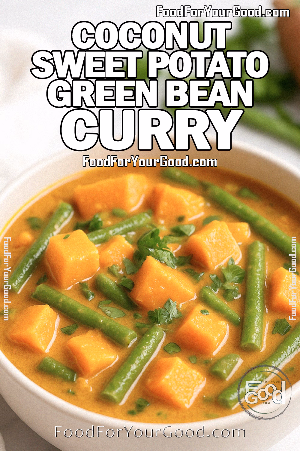 A bowl of Coconut Sweet Potato Green Bean Curry with tender sweet potato cubes, green beans, and cilantro on a white marble surface.