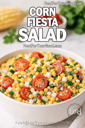 A bright and colorful Corn Fiesta Salad in a white ceramic bowl on a marble countertop, with cherry tomatoes, feta cubes, cucumber, red onion, and cilantro, styled with fresh ingredients blurred in the background.