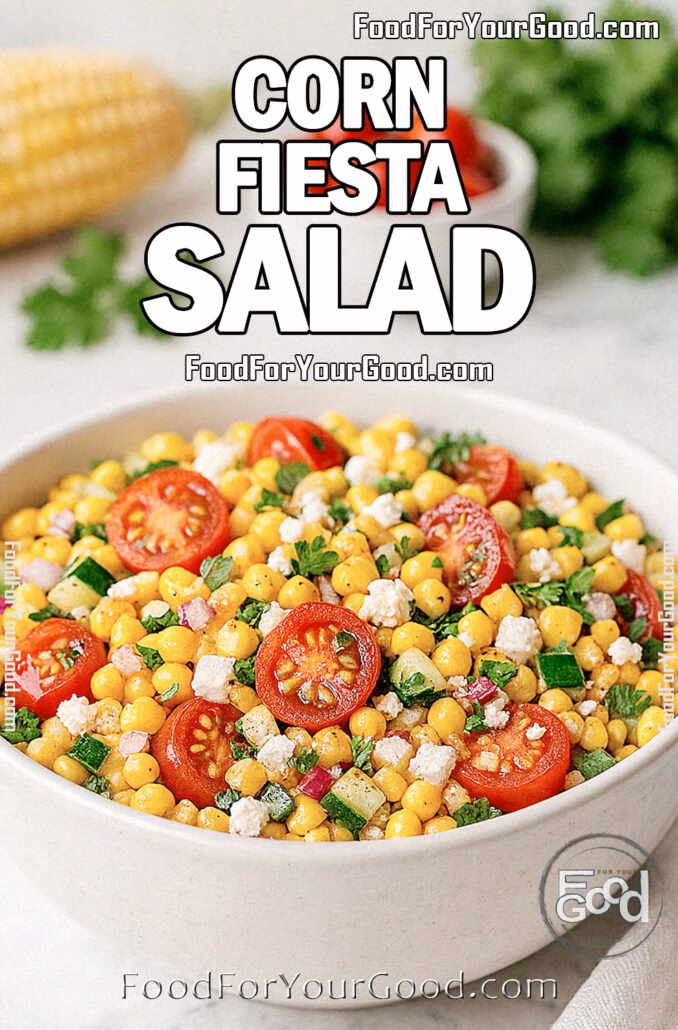 Corn Fiesta Salad A bright and colorful Corn Fiesta Salad in a white ceramic bowl on a marble countertop, with cherry tomatoes, feta cubes, cucumber, red onion, and cilantro, styled with fresh ingredients blurred in the background.