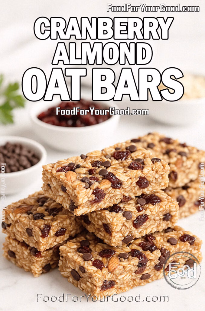 Cranberry Almond Oat Bars Close-up portrait of stacked Cranberry Almond Oat Bars on a white marble countertop, with bowls of cranberries, almonds, and chocolate chips blurred in the background, at FoodForYourGood.com