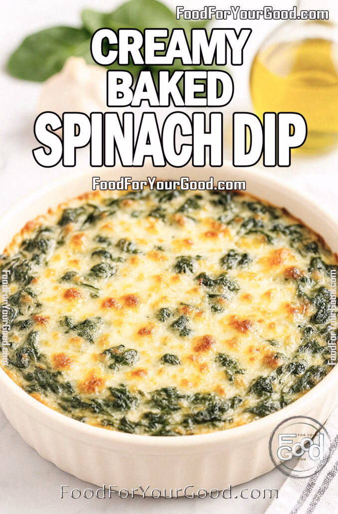 Creamy Baked Spinach Dip Homemade Creamy Baked Spinach Dip with a golden cheesy crust served in a white dish on marble, styled with fresh spinach, garlic, onion, and Parmesan in the background.