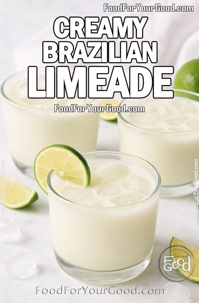 Creamy Brazilian Limeade in short, wide glasses with ice cubes and lime wedges on white marble.