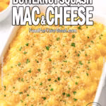 Creamy Butternut Squash Mac and Cheese baked golden with a crispy breadcrumb topping, served in a white dish on marble.