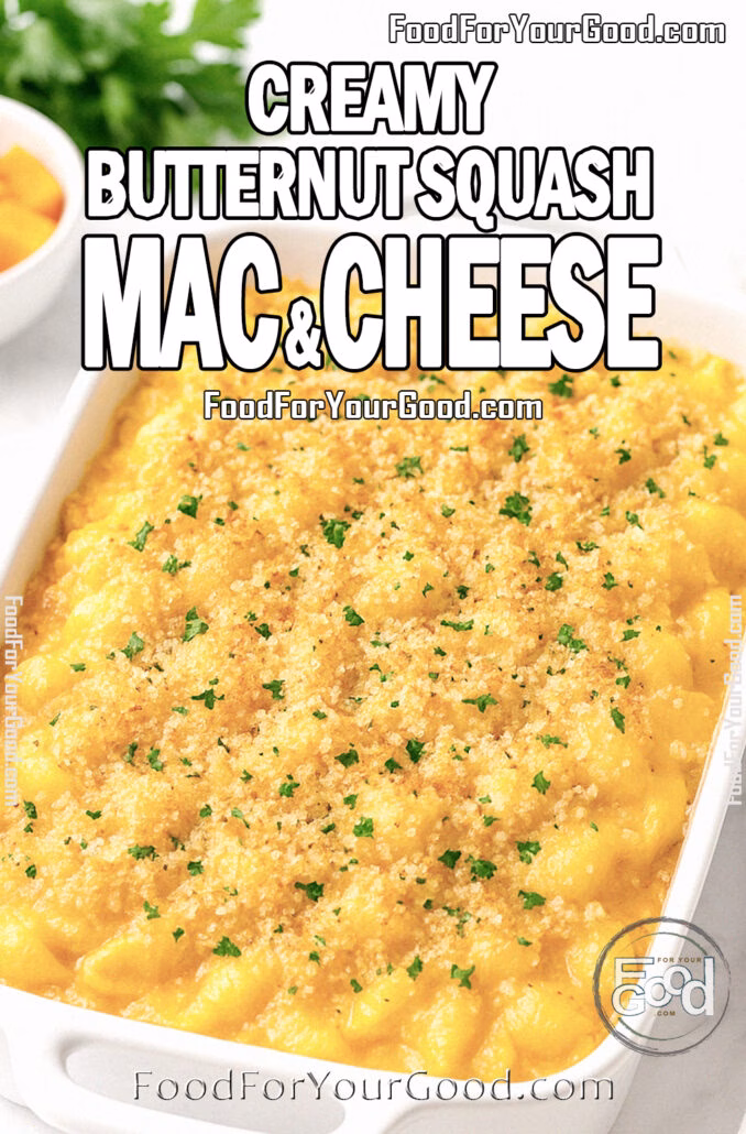 Creamy Butternut Squash Mac and Cheese Creamy Butternut Squash Mac and Cheese baked golden with a crispy breadcrumb topping, served in a white dish on marble.