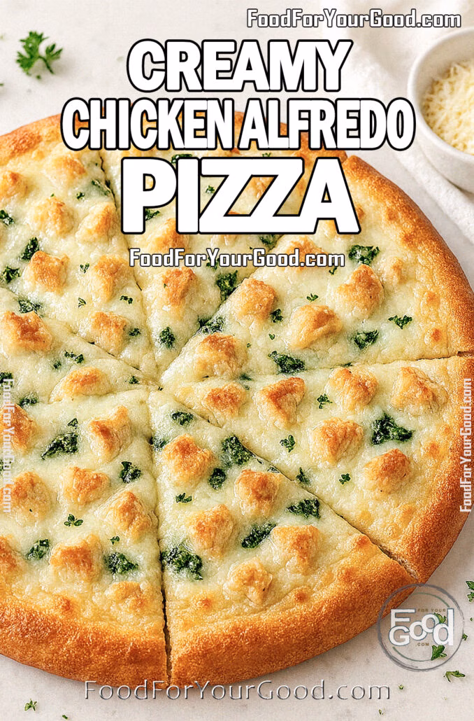 Freshly baked Creamy Chicken Alfredo Pizza on marble background, topped with shredded golden chicken, melted mozzarella, and Alfredo sauce with spinach peeking beneath the cheese.
