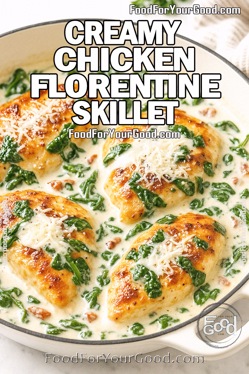 Creamy Chicken Florentine in skillet with spinach and Parmesan