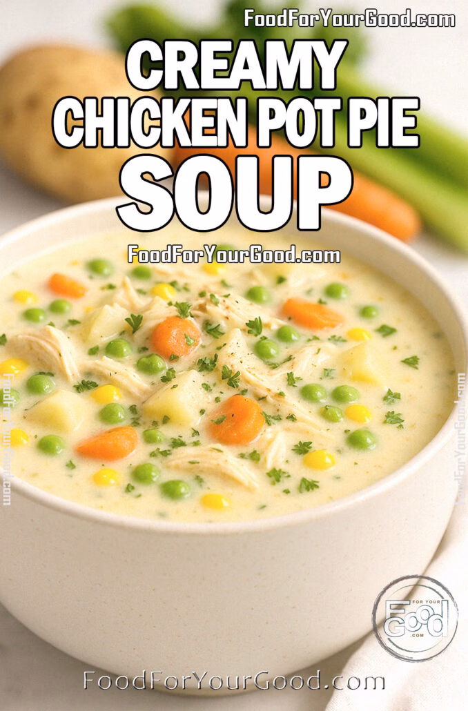 Bowl of creamy chicken pot pie soup with carrots, peas, corn, and potatoes, garnished with fresh parsley, on a white marble background with fresh vegetables in soft focus.