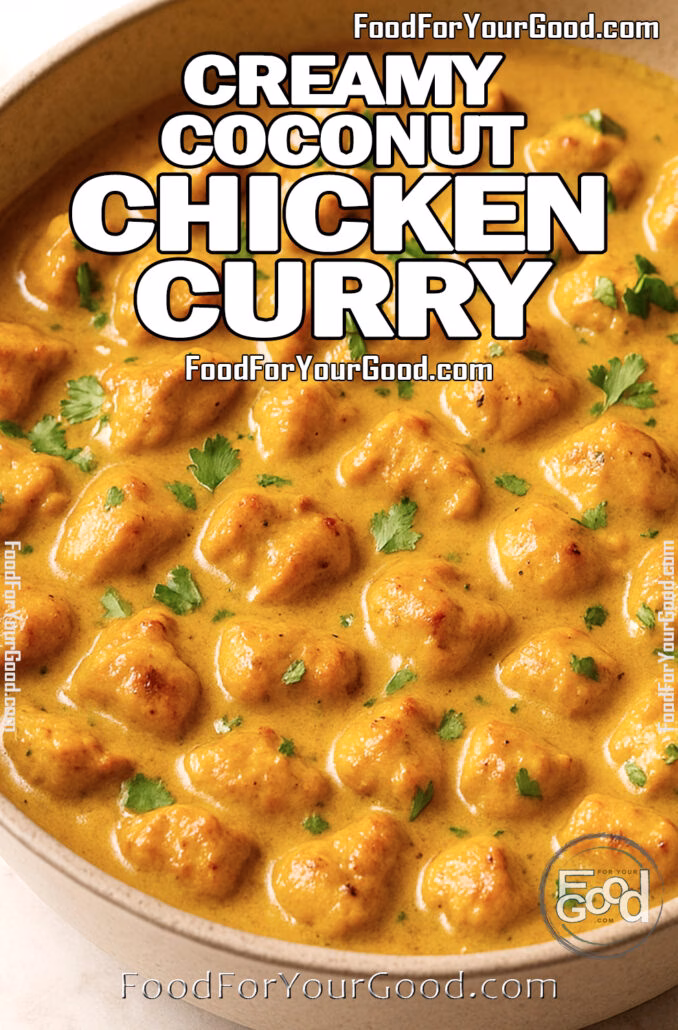 Golden Creamy Coconut Chicken Curry in a beige bowl with fresh cilantro on marble surface