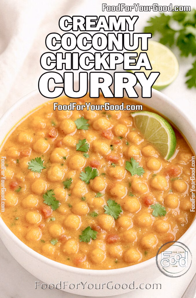 Creamy Coconut Chickpea Curry Creamy Coconut Chickpea Curry in a white ceramic bowl, mixed with chickpeas and tomatoes, served with a spoon on a marble countertop.