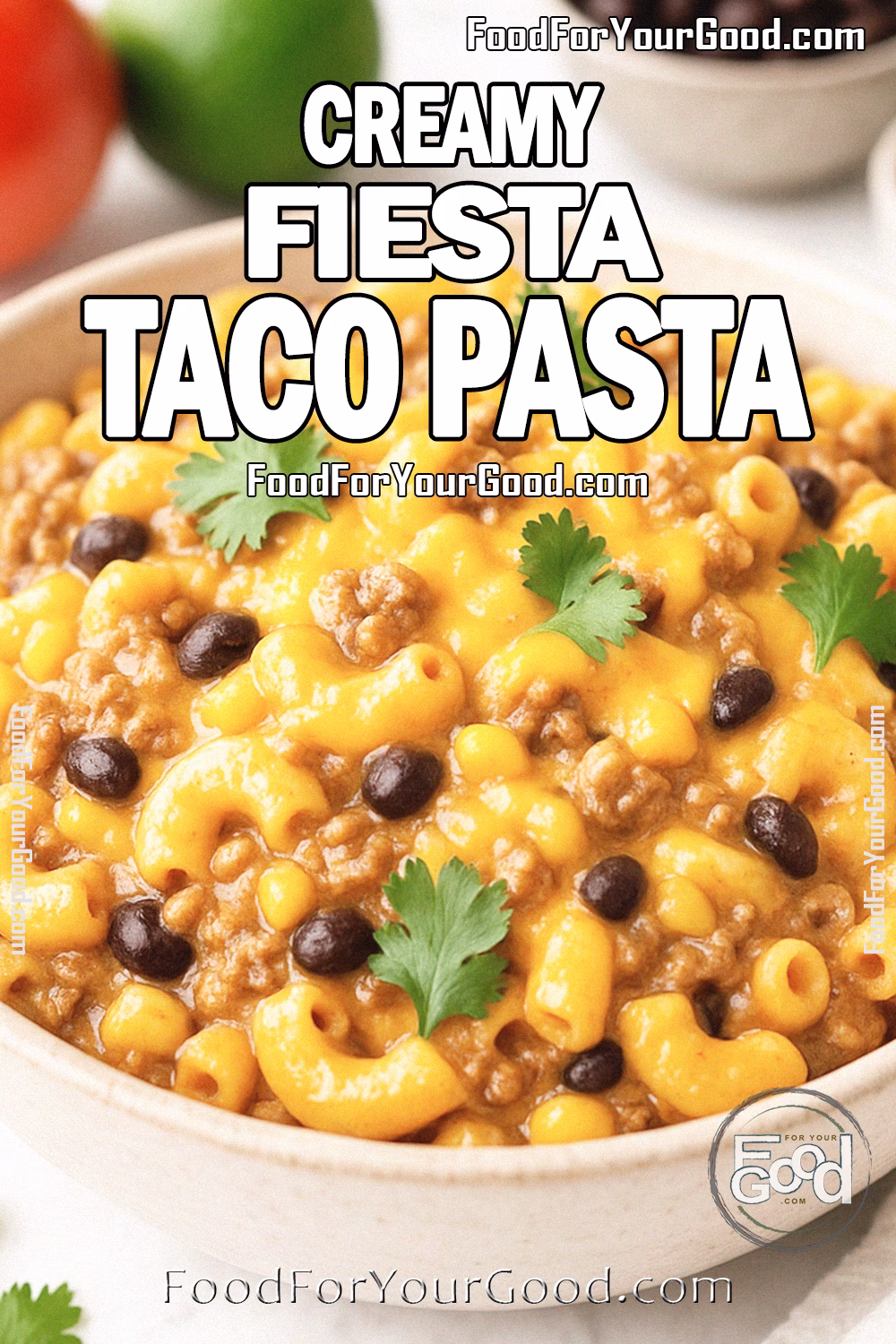 Creamy Fiesta Taco Pasta served in a beige ceramic bowl with elbow macaroni, ground beef, black beans, and corn in a cheesy sauce, garnished with cilantro on a white marble background with fresh ingredients blurred behind.