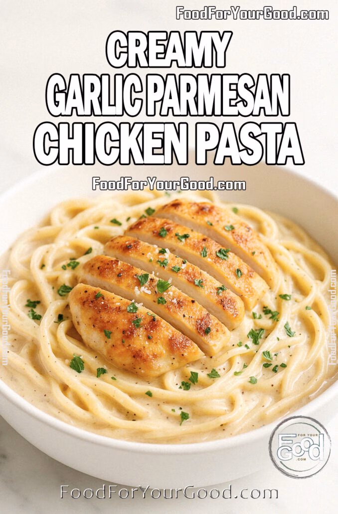 Creamy Garlic Parmesan Chicken Pasta Creamy Garlic Parmesan Chicken Pasta in a white bowl with golden chicken slices, creamy sauce, and parsley garnish on marble.