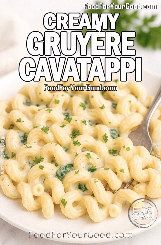 Creamy Gruyère Cavatappi pasta served on a white plate, coated in a thick cheese sauce with spinach and parsley garnish, fork resting in the dish.
