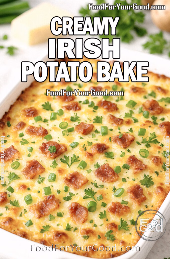 Creamy Irish Potato Bake casserole with golden melted cheese, bacon, and fresh parsley in a white baking dish on marble background.