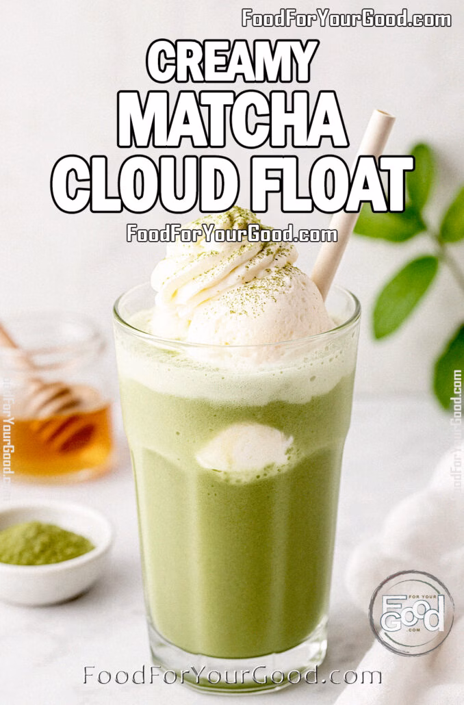 Creamy Matcha Cloud Float Creamy Matcha Cloud Float served in a tall glass with vanilla ice cream, whipped cream, and matcha powder on a marble countertop.