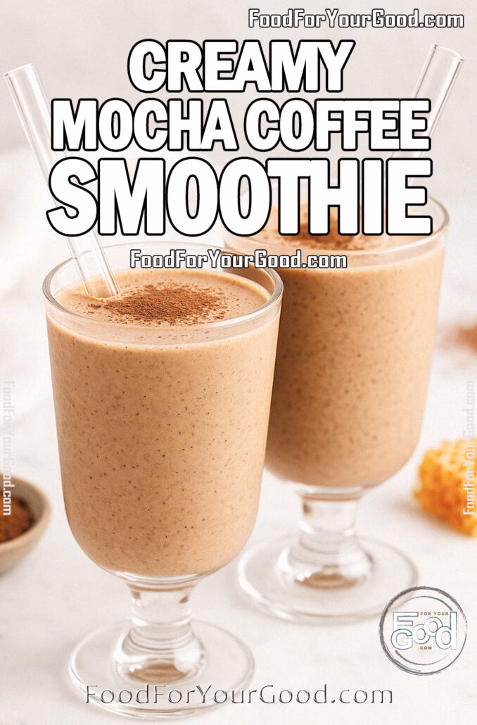 Creamy Mocha Coffee Smoothie Two footed glasses filled with creamy mocha coffee smoothie, each with a wide glass straw, set on a white marble surface with cocoa powder, honeycomb, and a white towel in the blurred background.