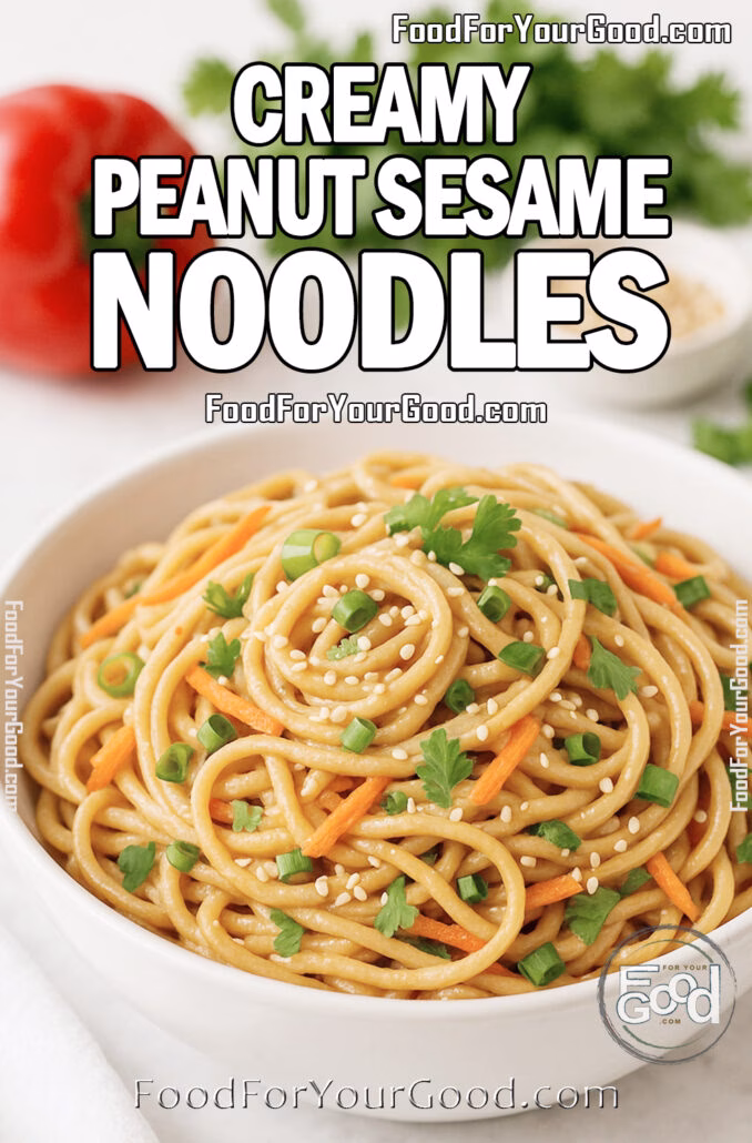 Creamy Peanut Sesame Noodles in a white bowl, topped with fresh carrots, green onions, cilantro, and sesame seeds on a marble background.
