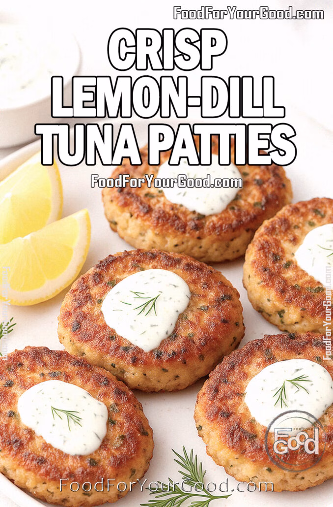Crisp Lemon-Dill Tuna Patties on a white plate with lemon wedges, fresh dill sprigs, and a bowl of lemon-dill sauce on FoodForYourGood.com