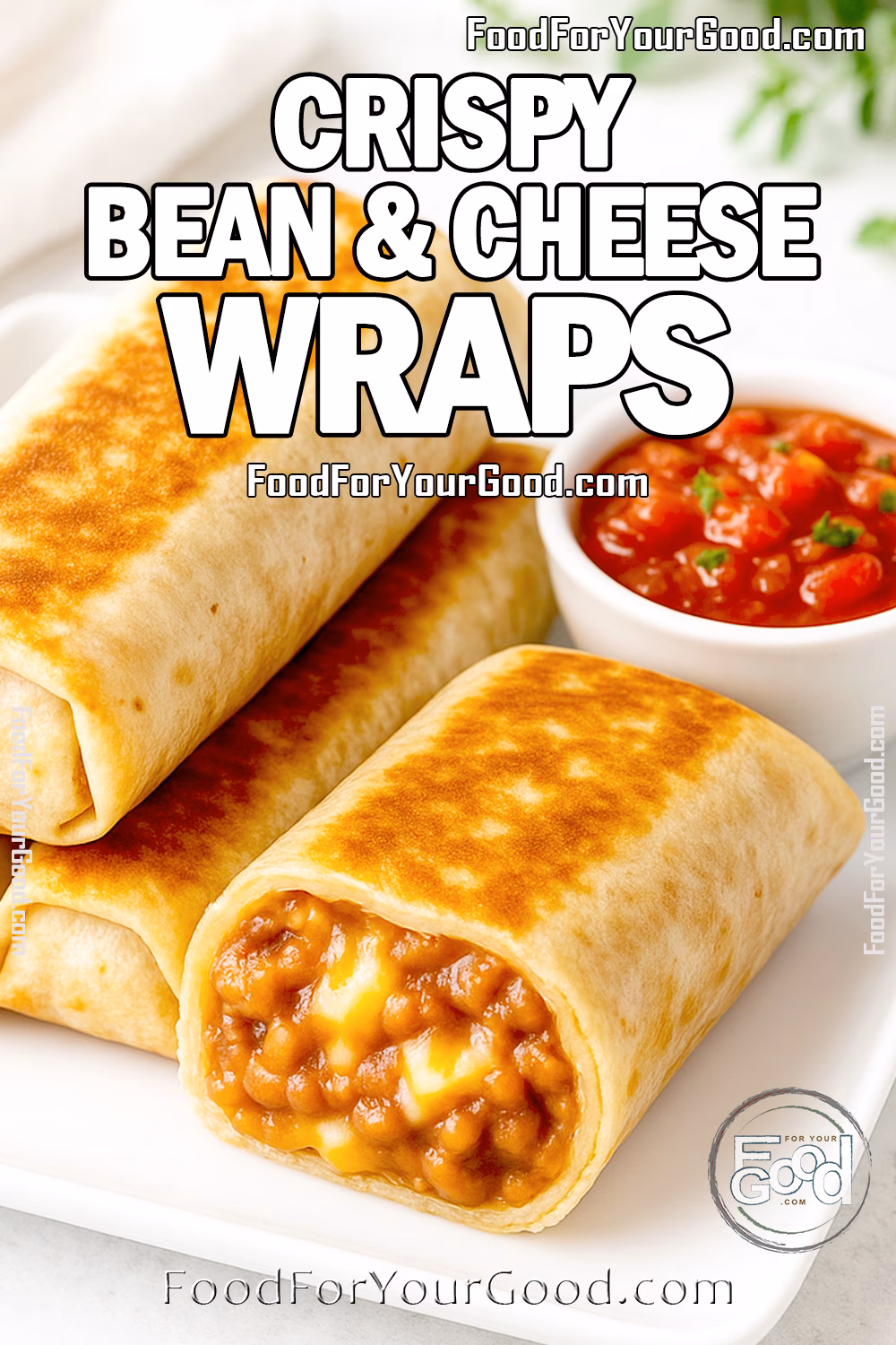 Crispy bean and cheese burritos on white plate with salsa in daylight