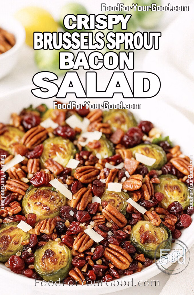 Crispy Brussels Sprout Bacon Salad Crispy Brussels Sprout Bacon Salad with bacon, toasted pecans, dried cranberries, and Parmesan shavings, served in a white bowl on a marble countertop.