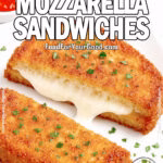 One fried mozzarella sandwich cut into two halves with golden crust and melted cheese, garnished with chopped basil, served on a white square plate with marinara sauce on marble background.